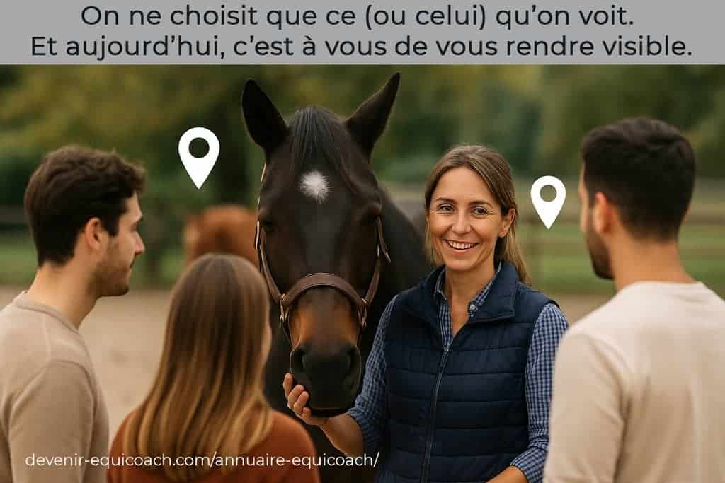 Visibilité equicoach en ligne : equicoach accompagnant un groupe autour d’un cheval, illustration de la visibilité en ligne par région.