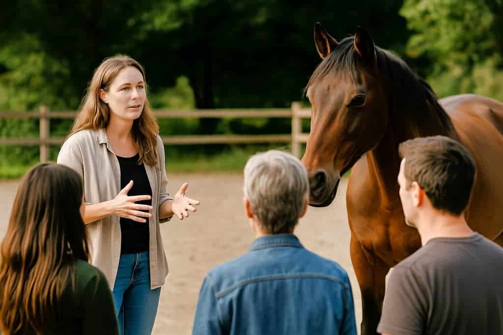 Séance equicoaching animée par une professionnelle, exemple d’approche des meilleurs equicoachs.