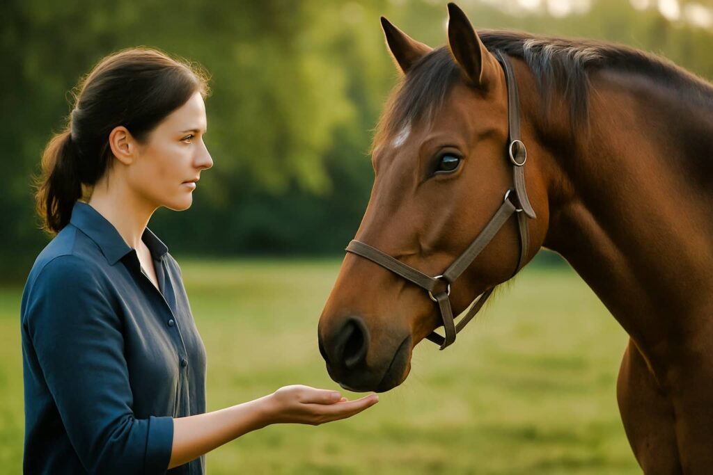 Un bon equicoach en interaction non verbale avec un cheval, posture calme et écoute.