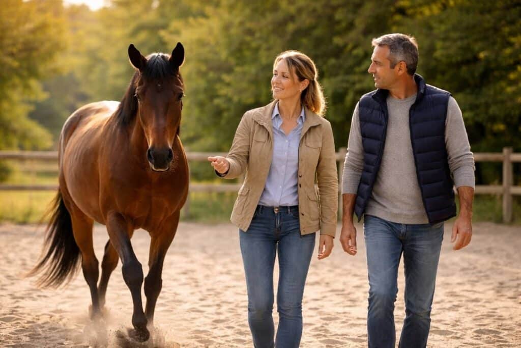 Equicoach en France accompagnant un participant à pied avec un cheval lors d’une séance d’equicoaching professionnel en région.