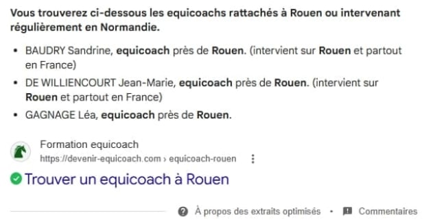 Affichage en position zéro Google pour une recherche locale d’equicoach à Rouen.