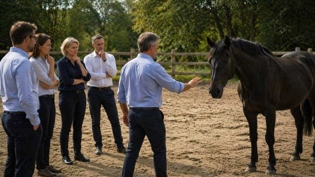 Séance d’equicoaching en entreprise illustrant les pratiques du marché des equicoachs en France.
