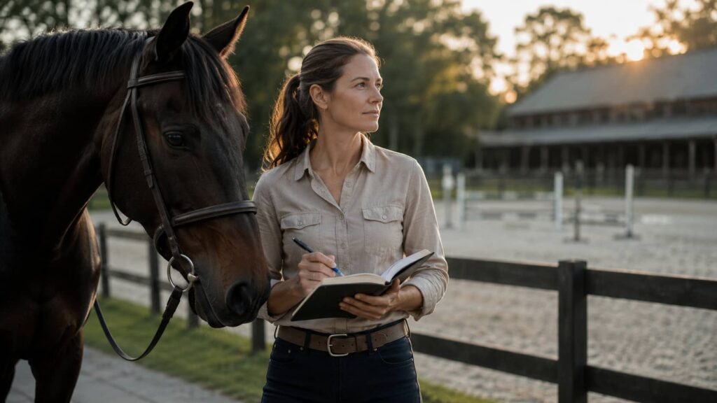 Créer son activité d'equicoach : futur equicoach réfléchissant à son projet professionnel auprès d'un cheval.